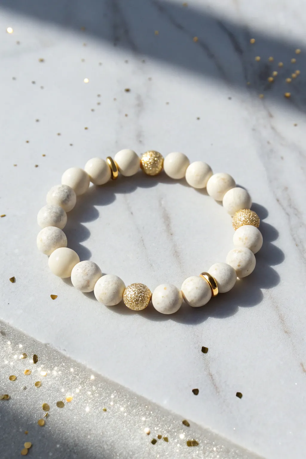 White clay beads with gold spacers and pearly accents for a fresh New Year glow