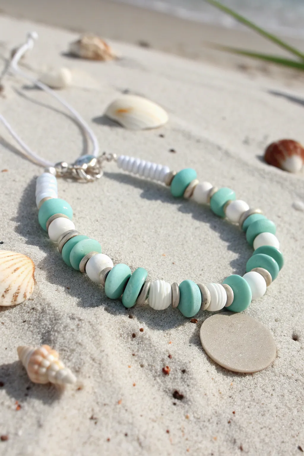 Seafoam white and aqua clay disc beads with pearly accents on sunlit sand, crisp and minimal