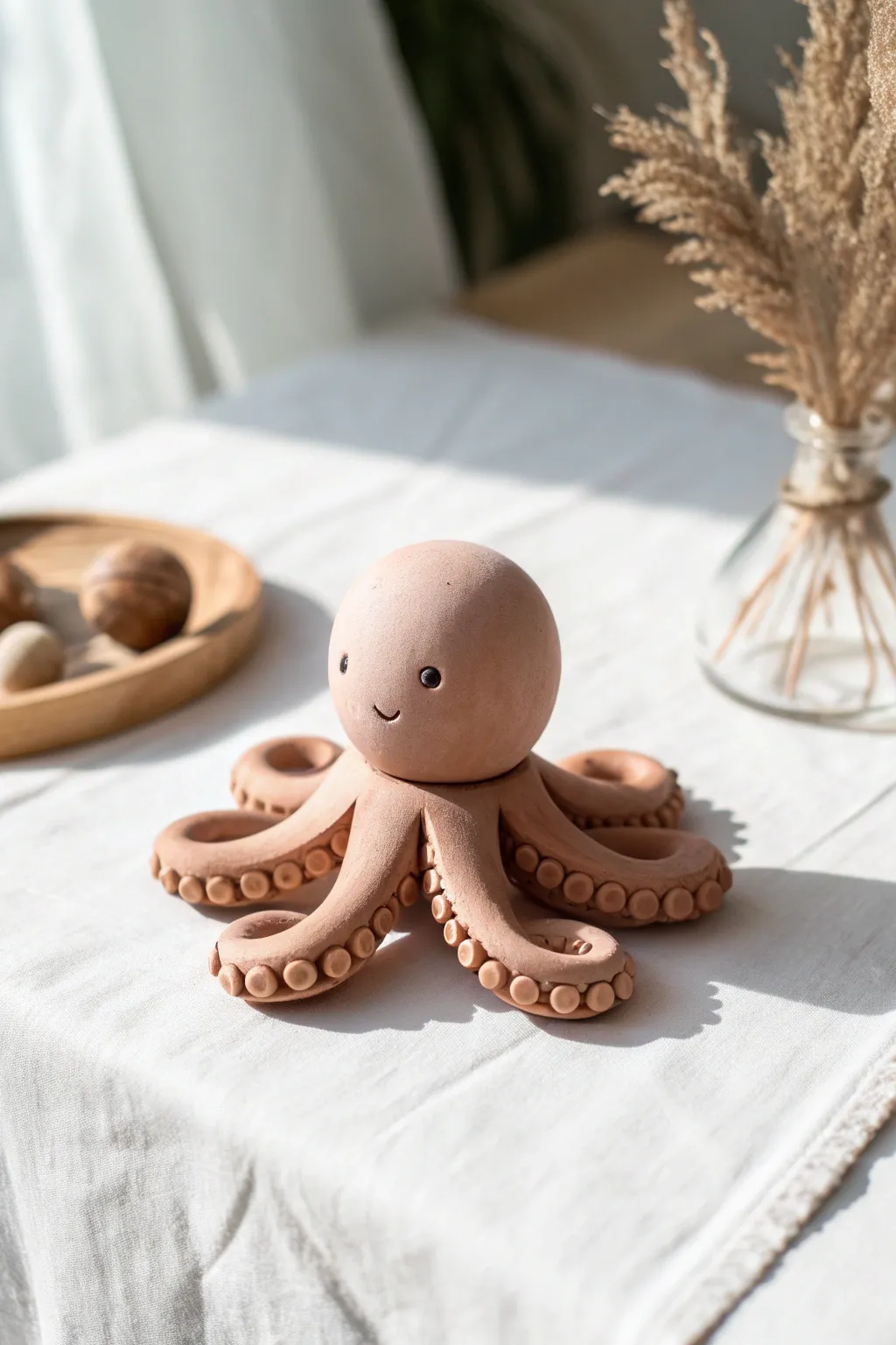 An easy ball-built clay octopus: sphere head and flower-like tentacles, sweet and minimal.