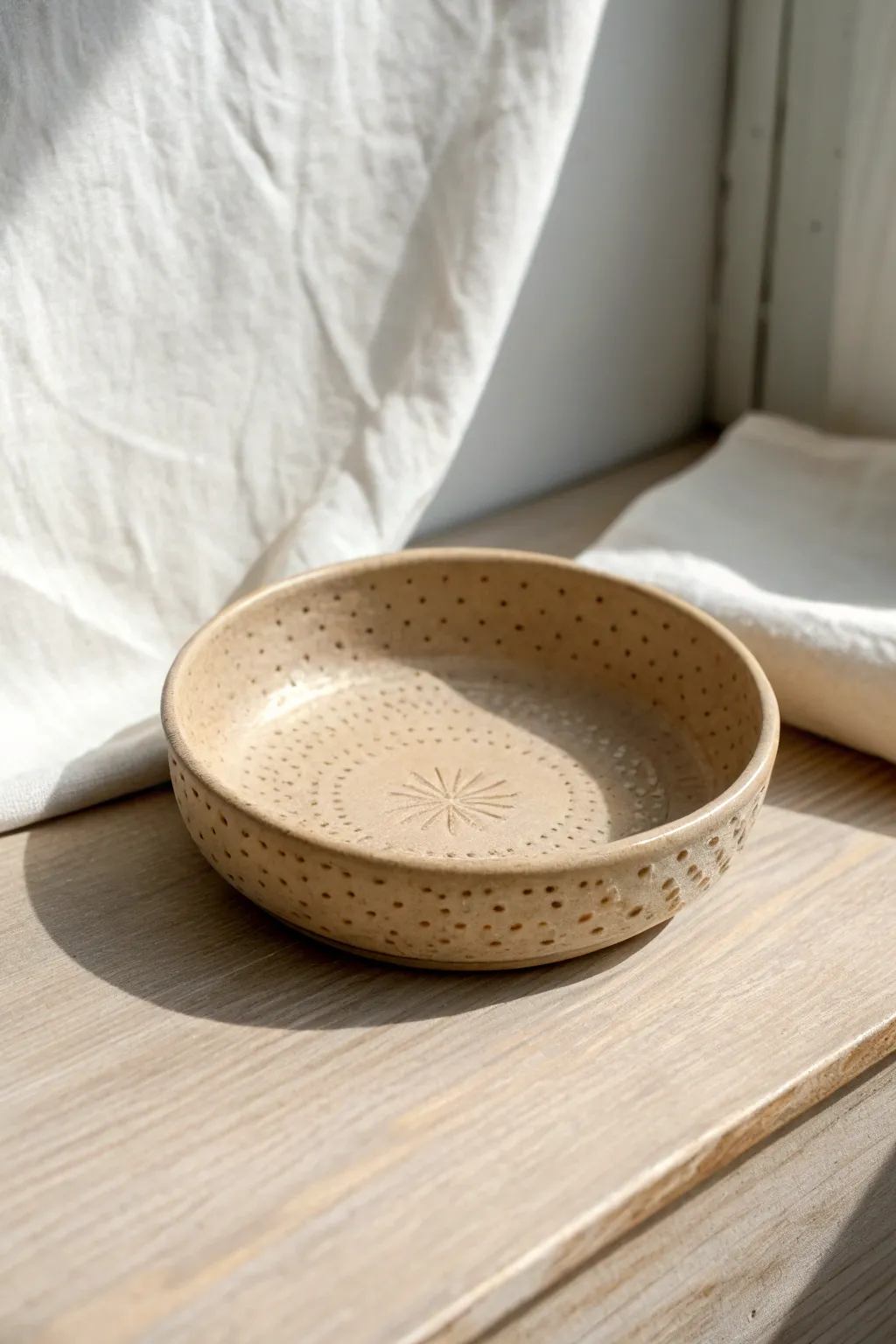 One-color stamped trinket dish with rich texture and shadow play in a calm, minimalist setting