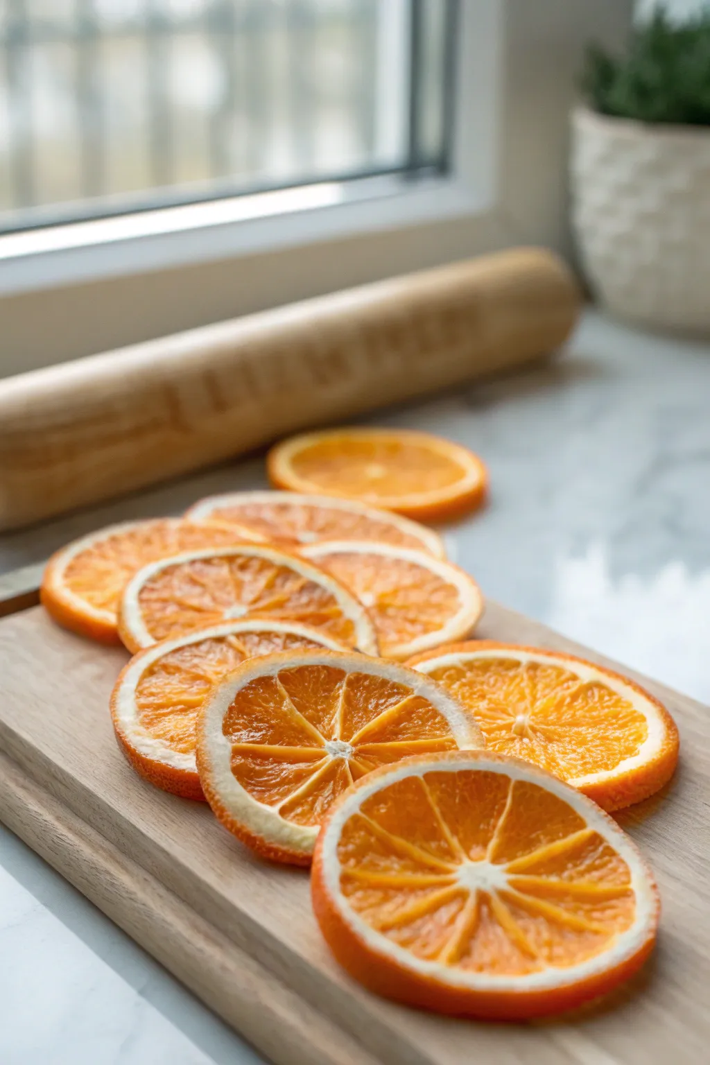 Bright clay orange slice cane chips on a calm neutral backdrop, minimalist and handmade.