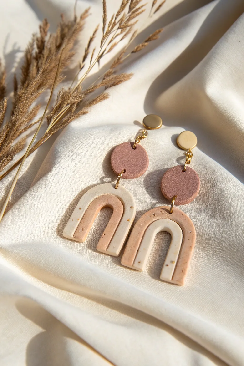 Minimalist oven-bake clay geometric earrings in soft neutrals, clean shadows, beginner-friendly style