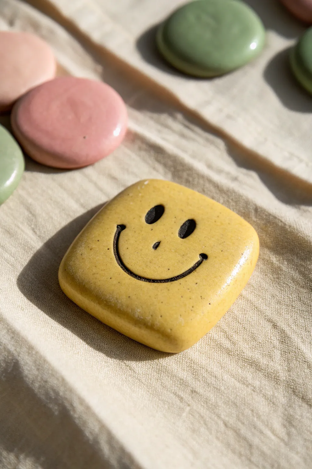 Glossy chunky smiley-face clay magnet in warm pastels, styled with airy Scandinavian boho charm.