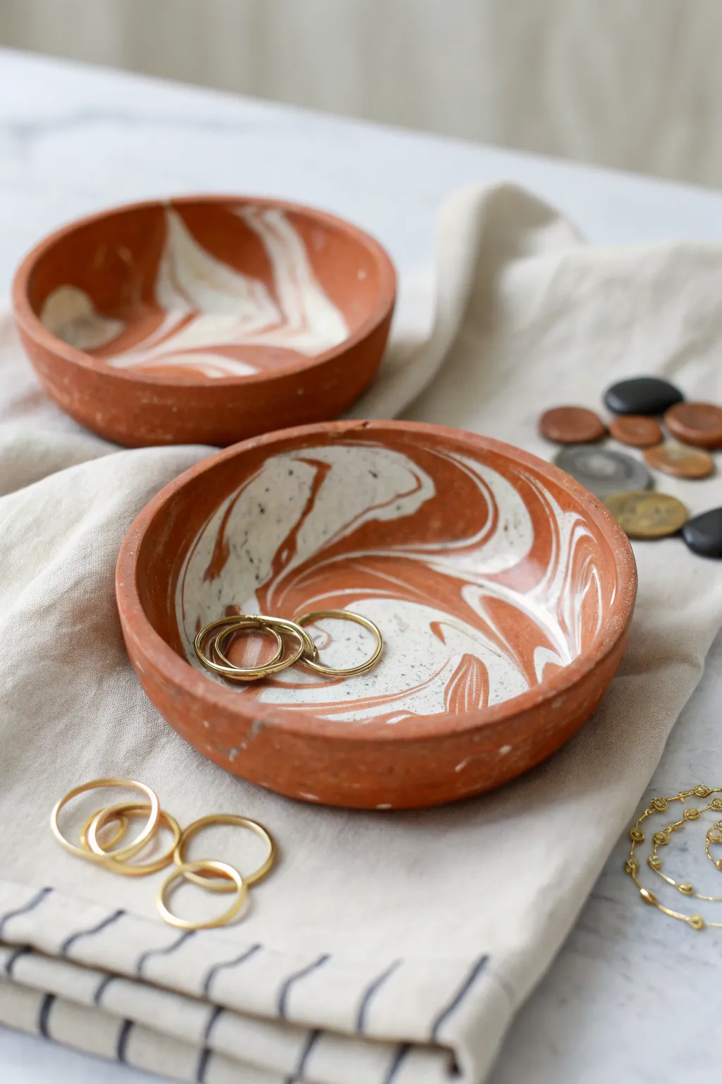 Marble-swirl oven-bake clay trinket dishes in minimalist boho style, perfect for rings and coins.
