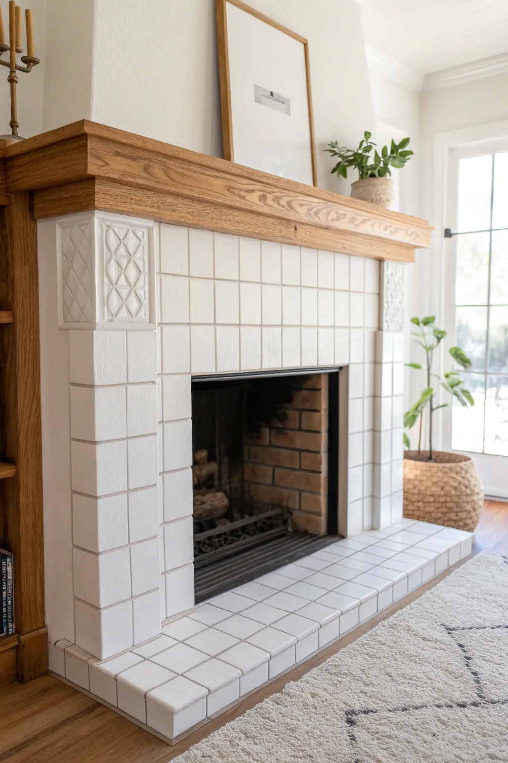 Crisp white painted fireplace tiles for a clean, bright focal wall with warm wood accents