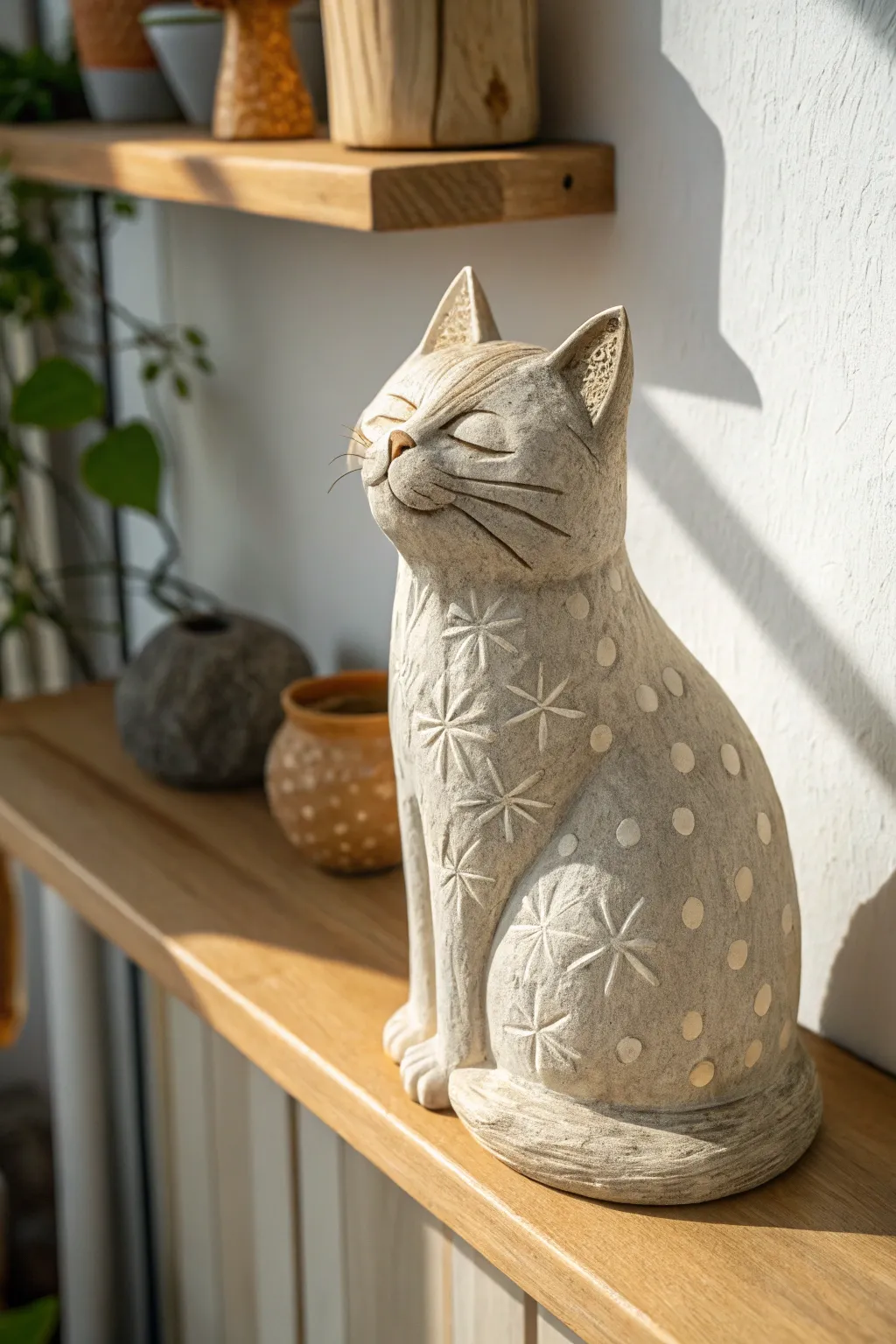 Textured paperclay sitting cat sculpture in warm minimal boho shelf styling, cozy contrast.