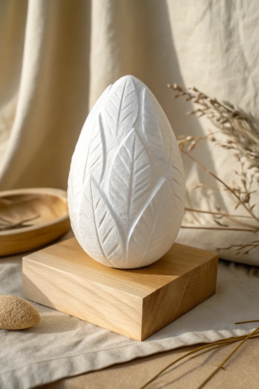 Silky matte-white paper mache clay mini sculpture showcasing crisp and soft textures in one piece.