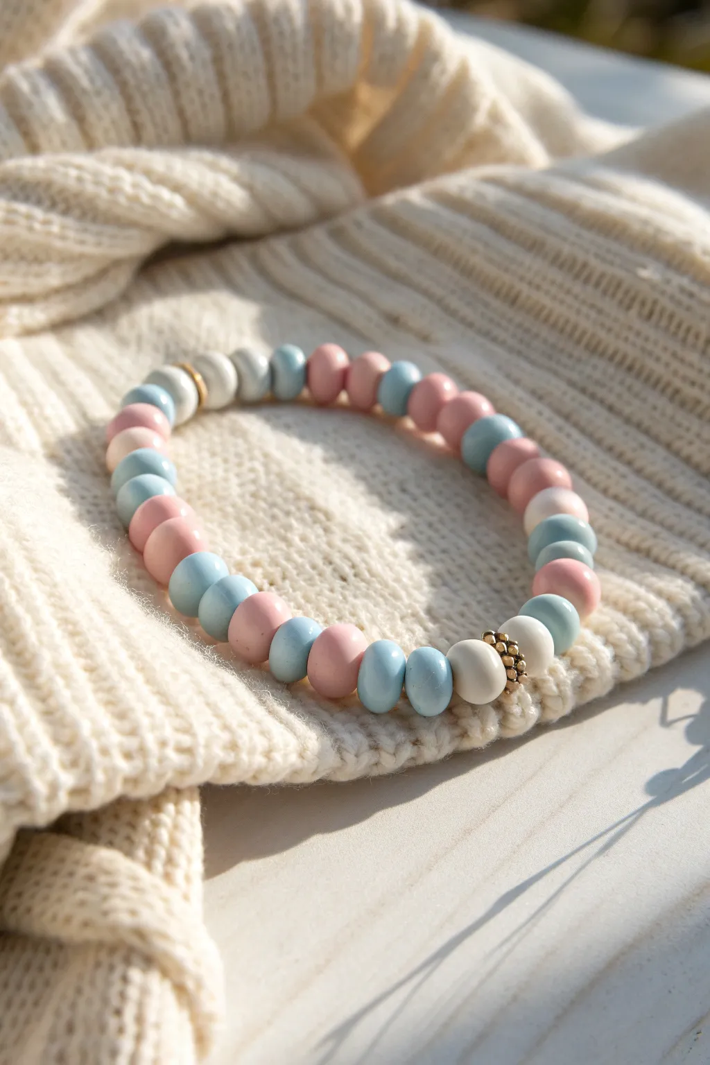 Cotton candy blush-and-blue clay discs for a cozy, minimalist bracelet that feels handmade
