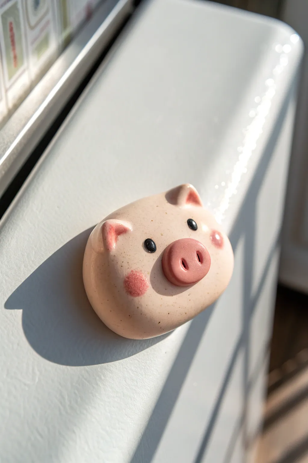 Cute chubby pig head magnet in soft blush tones, minimalist handmade decor for a bright fridge.