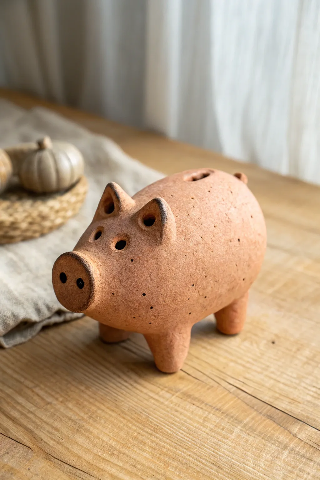 Plump pig pinch whistle with snout mouthpiece, simple and charming on a clean tabletop