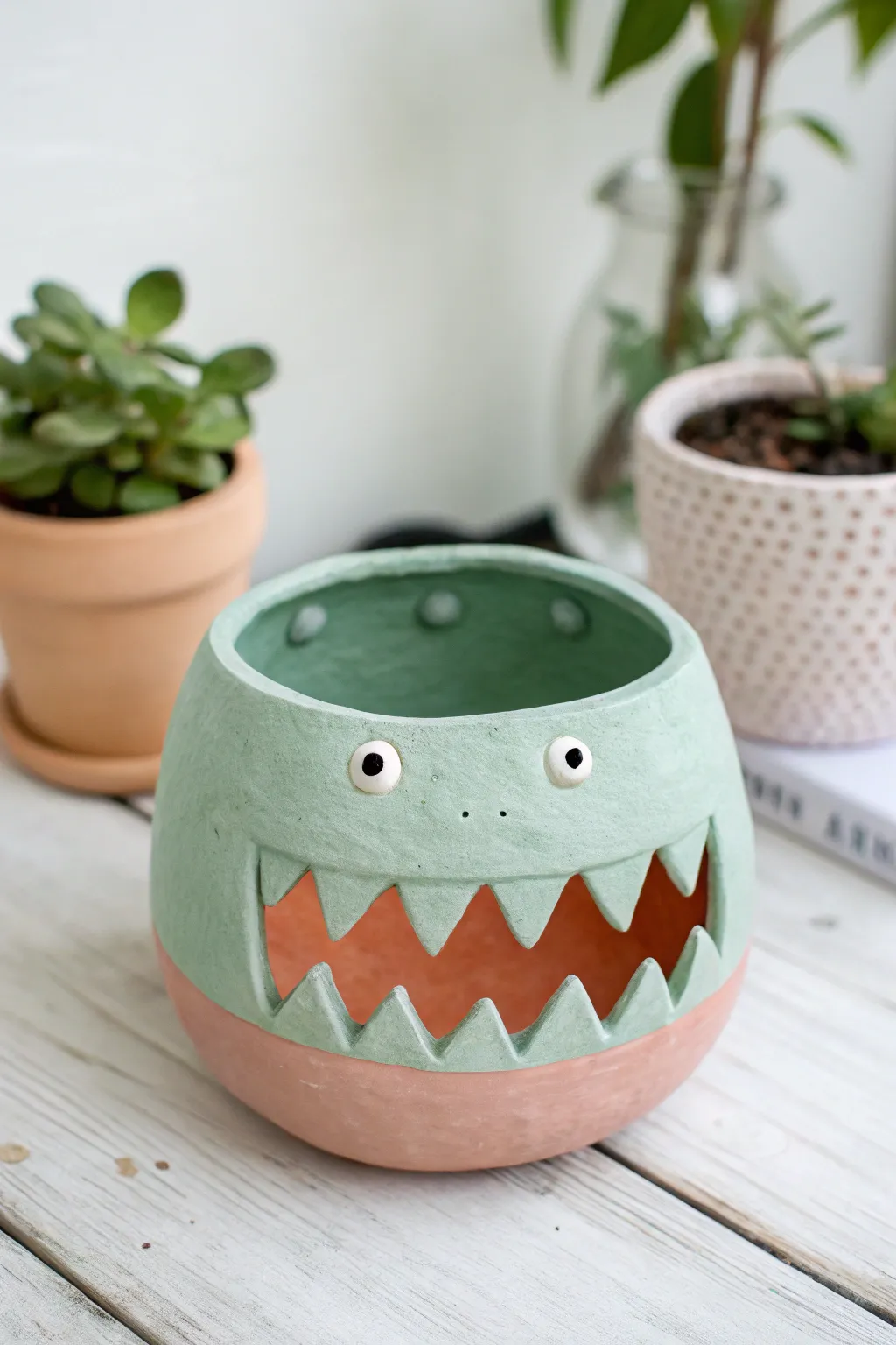 Goofy pinch pot monster with jagged teeth and a contrasting mouth interior, minimal and cute.
