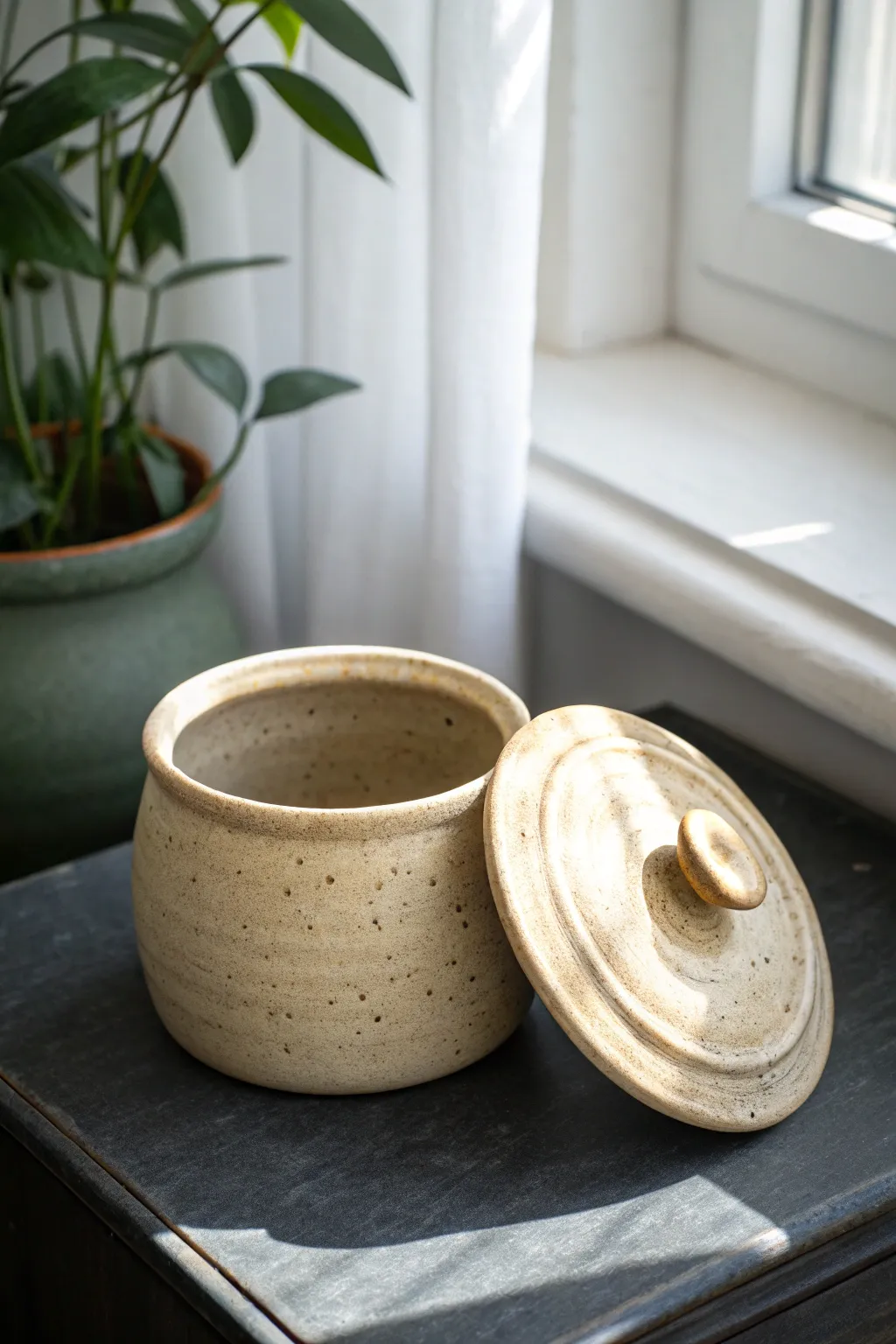 Pinch pot jar with a snug flange lid, shown slightly open so the locking ring is visible.