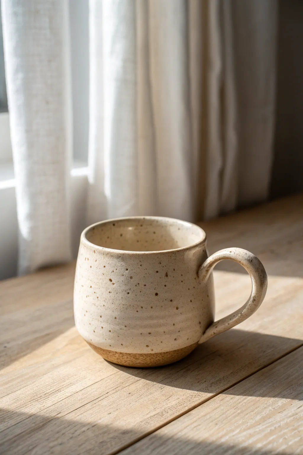 Simple pinch pot mug with a clean pulled handle, satin glaze, and calm Scandinavian warmth