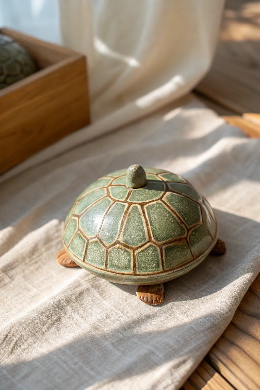 Palm-sized turtle shell pinch pot rattle in earthy greens and browns, minimalist and handmade.