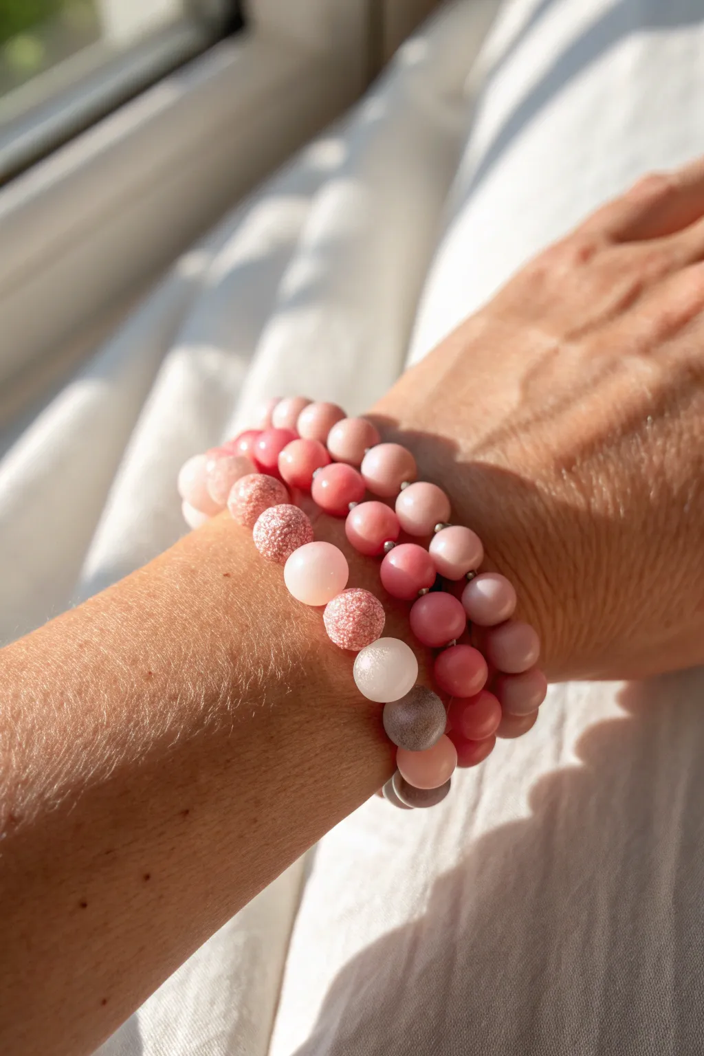 Pink ombre clay bracelet stack from blush to hot pink, minimalist boho charm in sunlight.