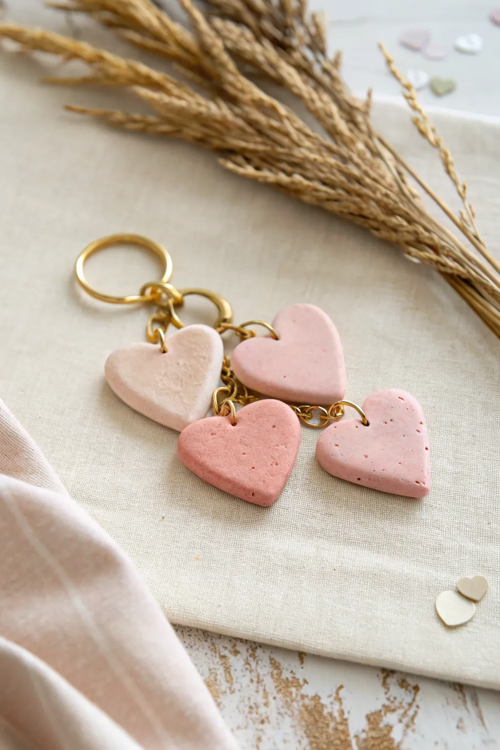 Blush pink heart clay keychain charm with soft ombre shading, minimal boho styling.
