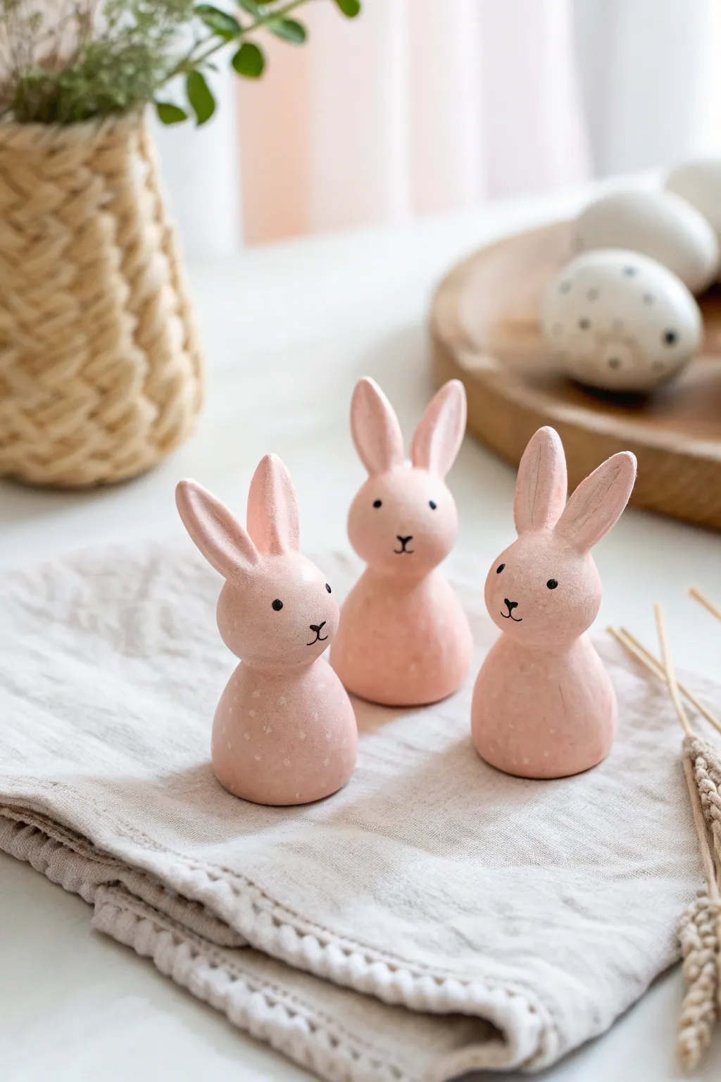 Blush pink bunny mini figurines that look like sweet desk buddies, simple and handmade.