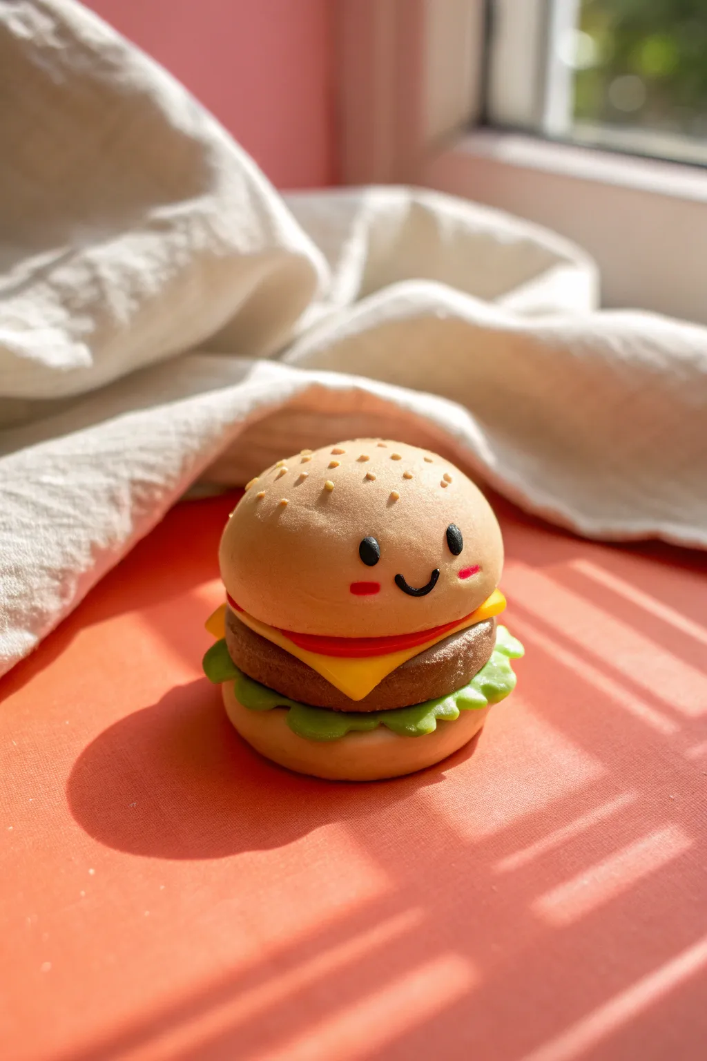 Palm-size plasticine burger with a tiny smile on a bright backdrop, beginner-friendly clay charm.
