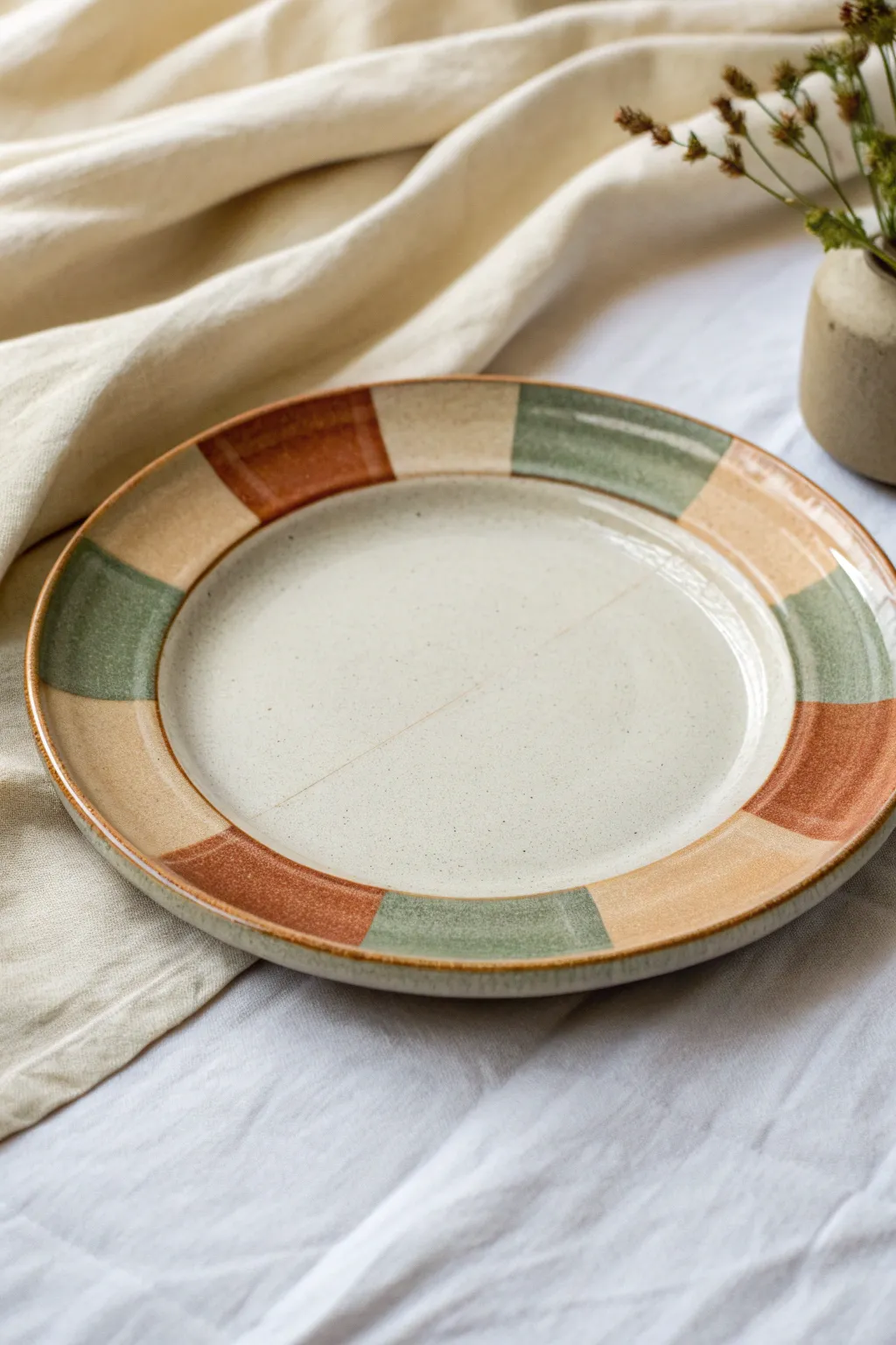 Minimalist plate with taped color-blocked rim in soft earthy tones for a crisp modern finish