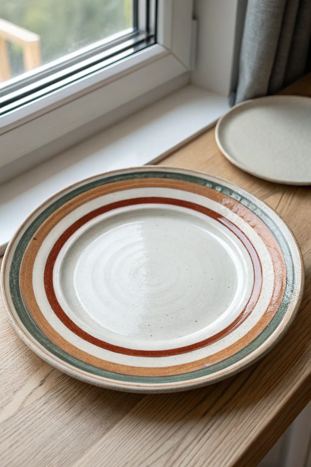Modern rim stripes in terracotta and charcoal for a crisp, minimalist painted plate idea
