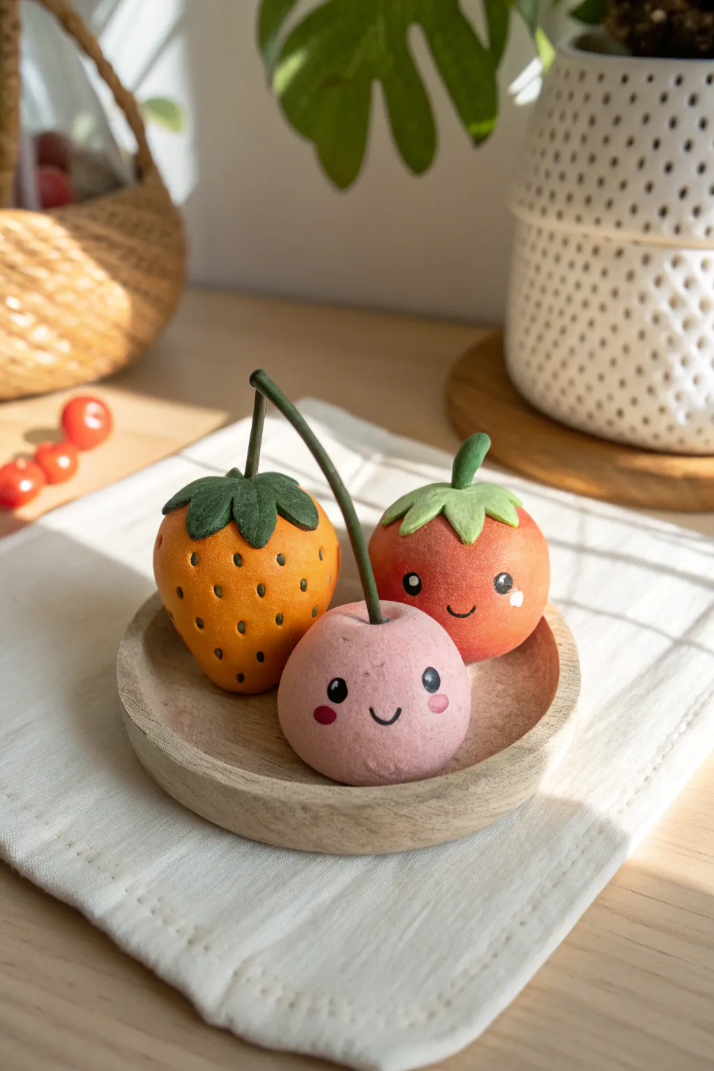 Pastel fruit clay friends with tiny faces, a sweet beginner project for playful desk decor.