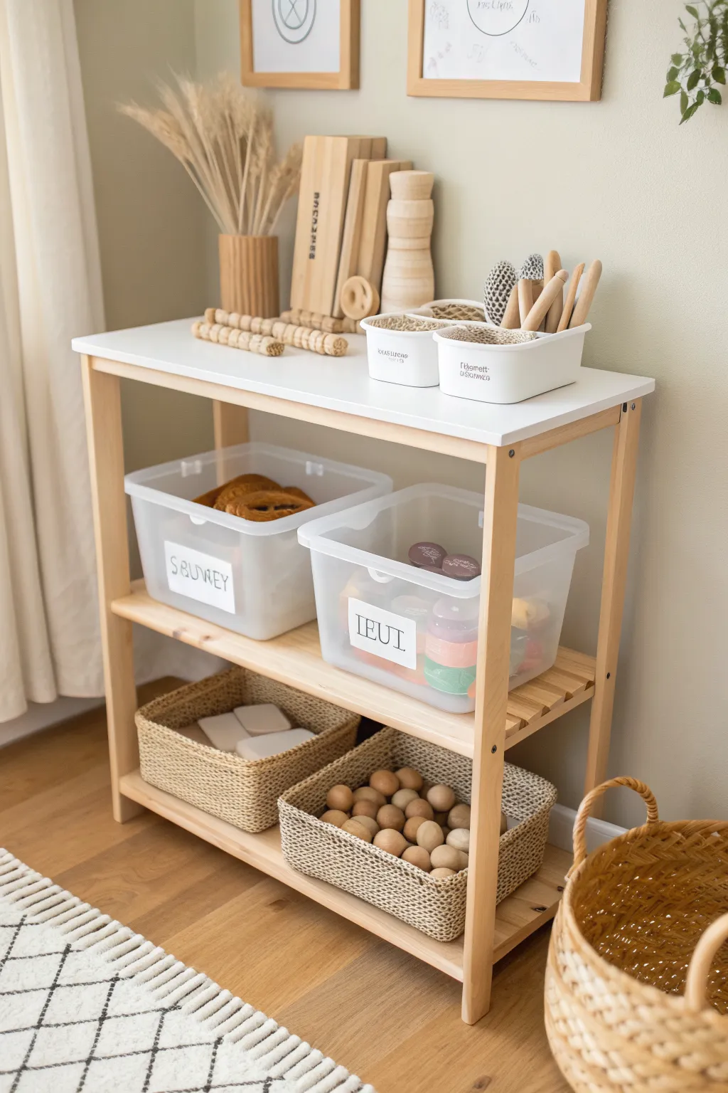 Self-serve playdough shelf with clear bins and picture labels, keeping tools and extras beautifully sorted.