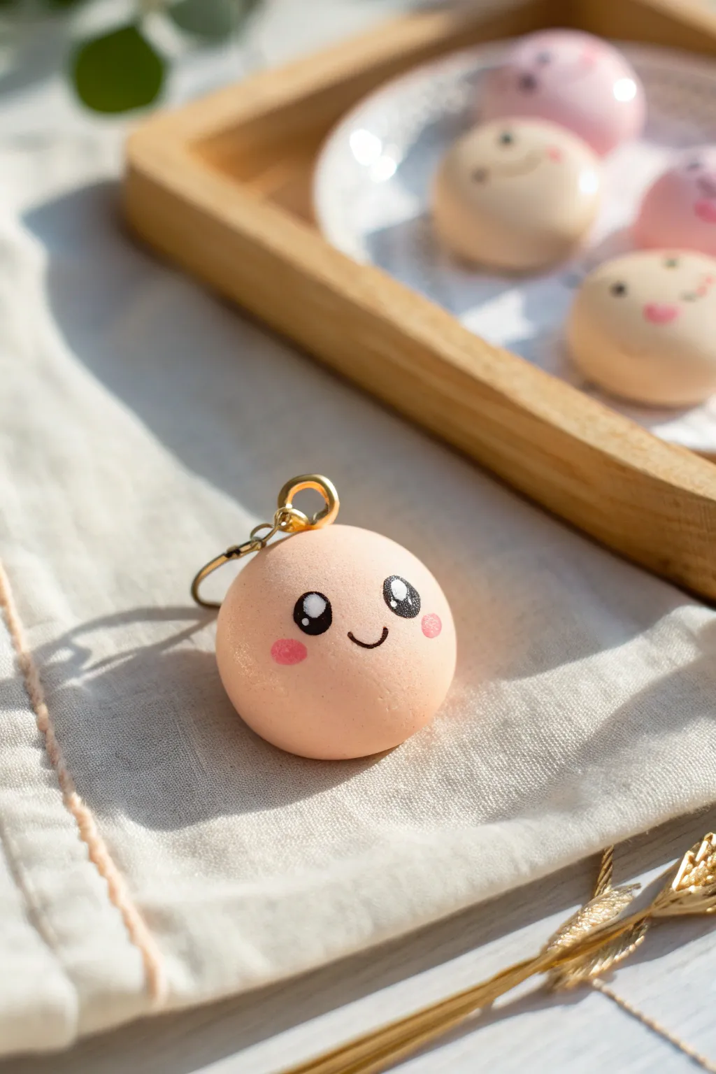 Pastel kawaii polymer clay face charm with dot eyes and blush, styled in Nordic-boho minimal