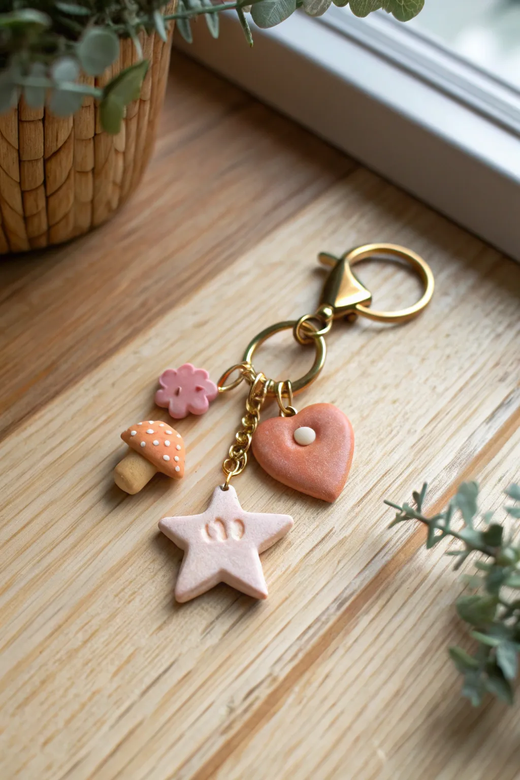 Sweet polymer clay mini charm keychain with star, heart, and mushroom in soft Nordic tones.