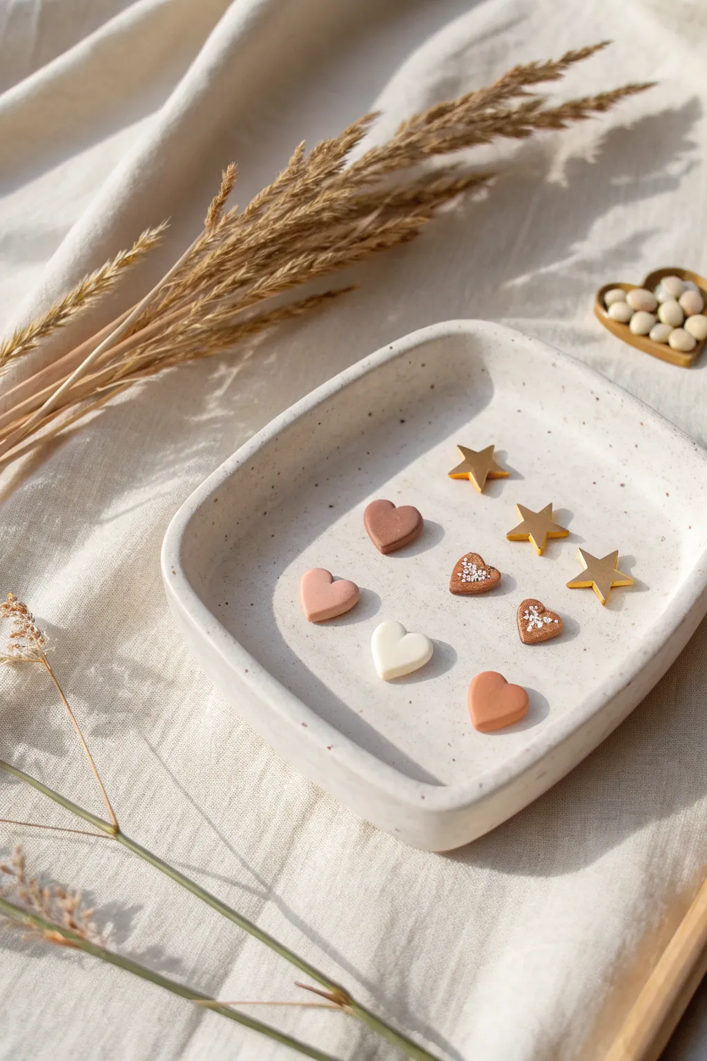 Mini polymer clay studs in hearts, stars, and mushrooms styled in a minimalist jewelry dish.