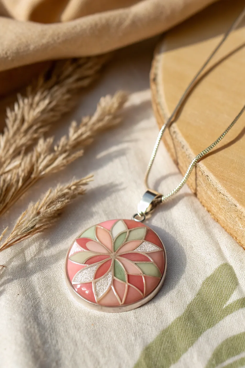 Glossy cane-slice pendant with a crystal-clear resin dome, styled minimal and candy-sweet