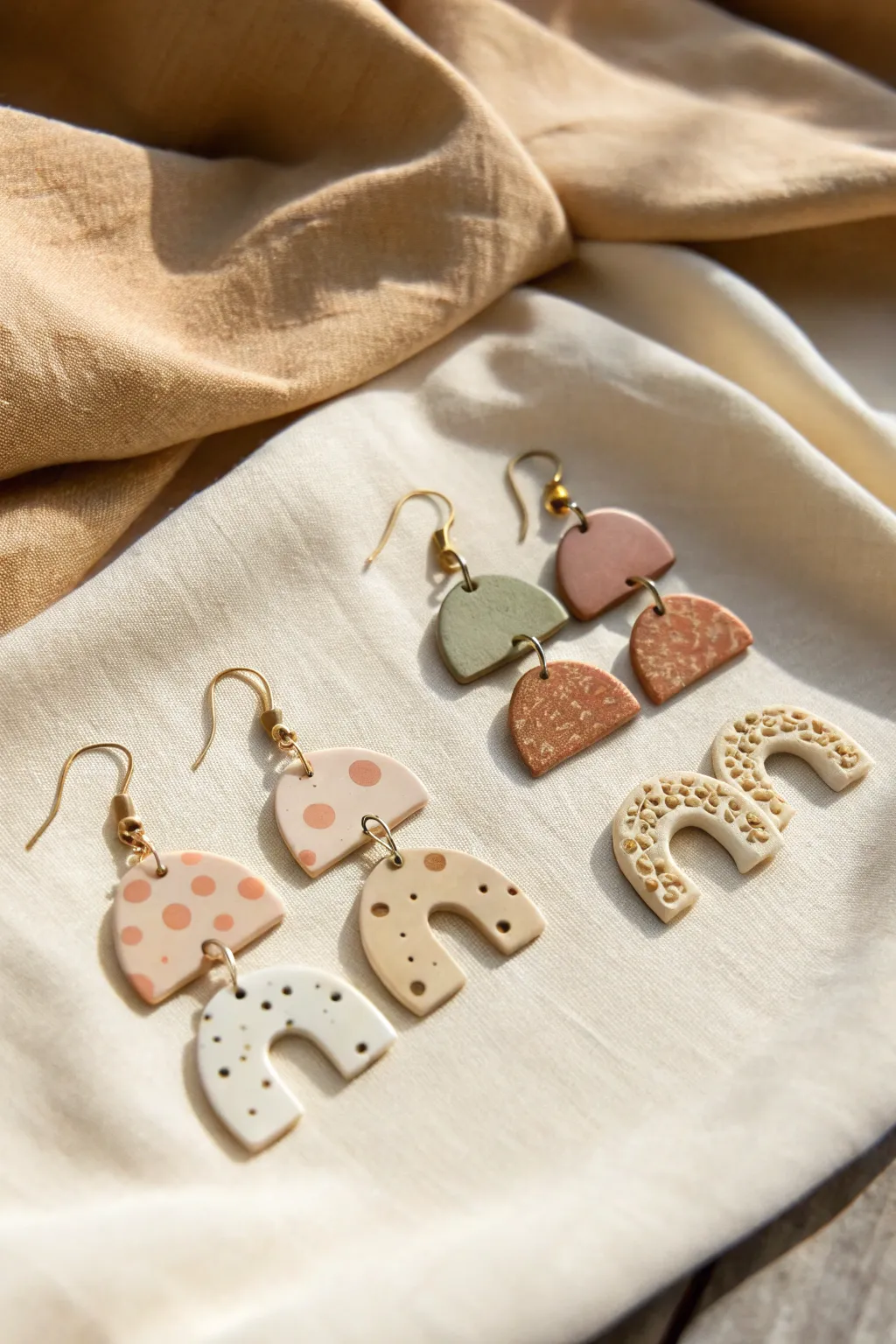 Simple polymer clay earring pairs in soft earthy tones, minimal shapes, linen backdrop.