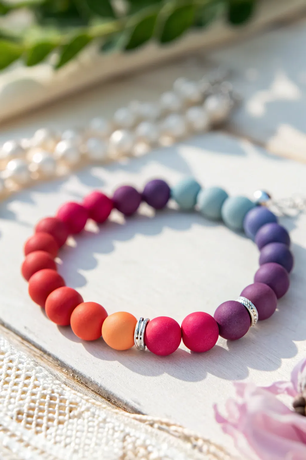 Crisp rainbow polymer clay bracelet with sleek metal spacers for a clean, modern pop