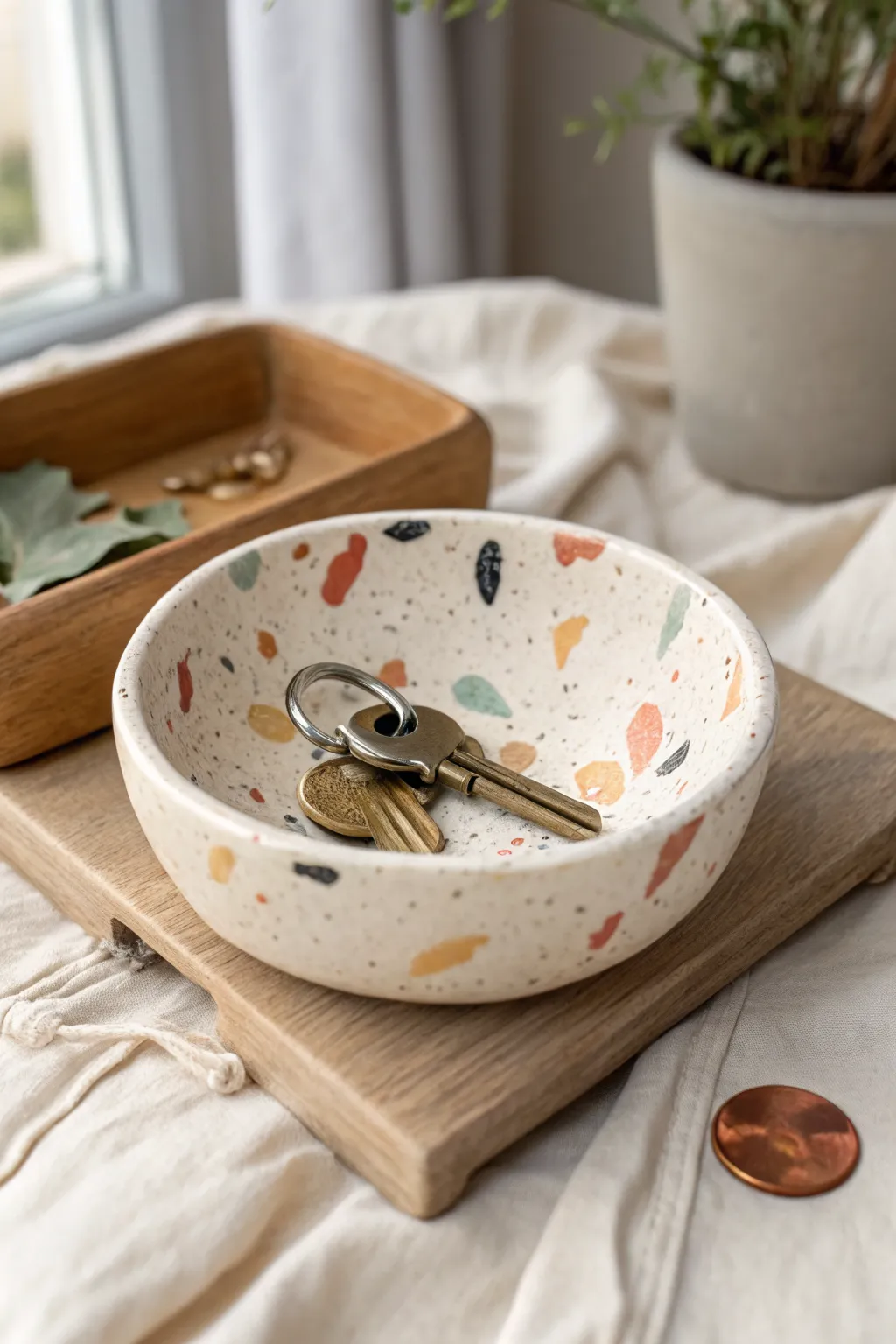 DIY terrazzo polymer clay catchall bowl in creamy white, perfect for keys and loose change.