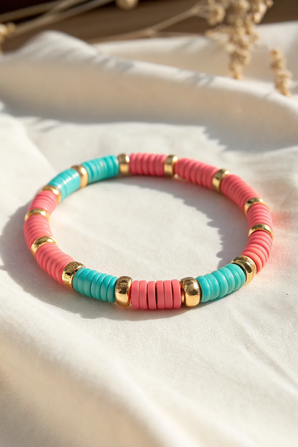 Preppy color-block polymer clay bracelet in pink, coral, and teal with glossy gold spacers