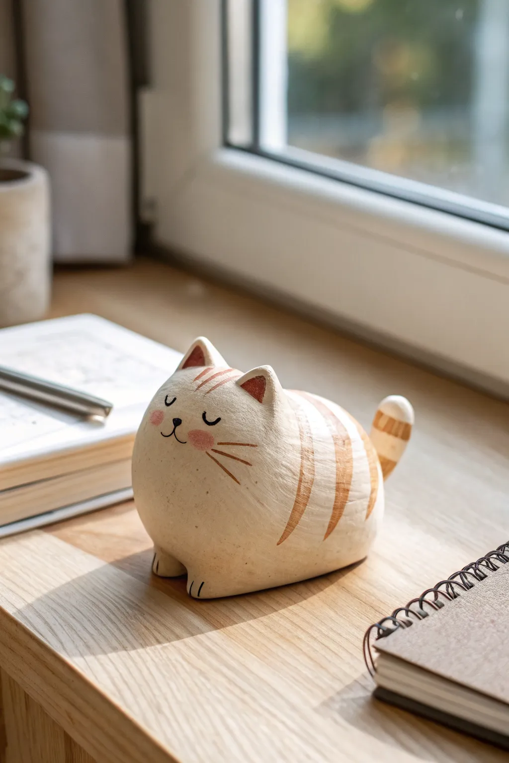 Cozy polymer clay loaf cat desk buddy in soft matte tones, perfect for a minimalist workspace