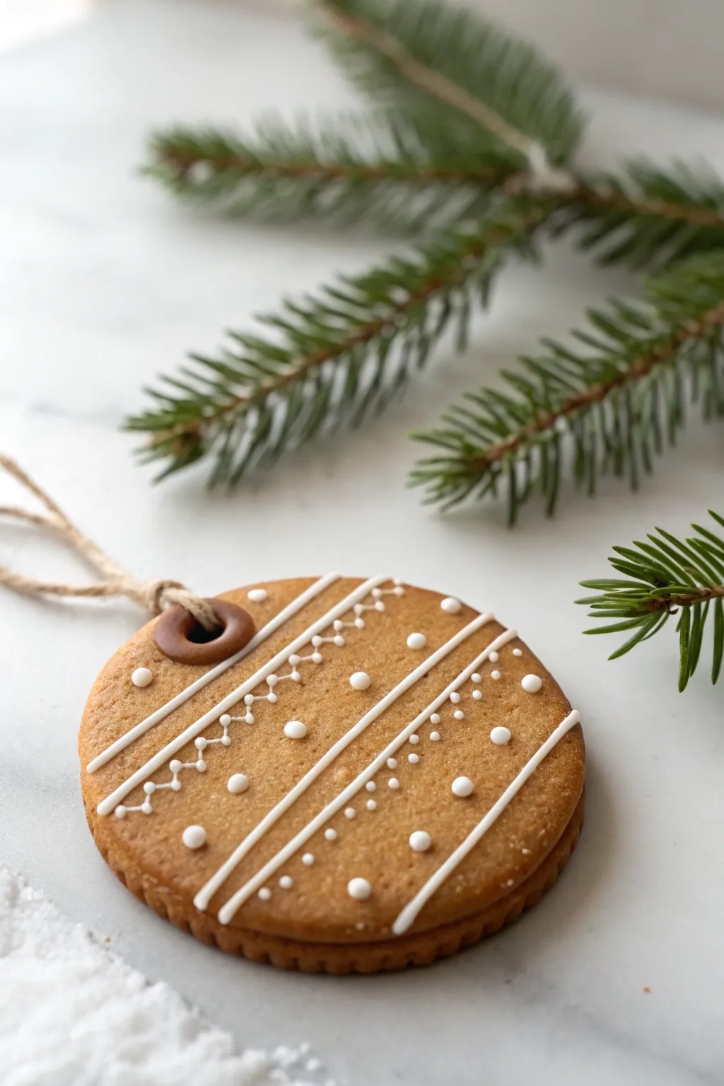 Gingerbread-style polymer clay faux cookie ornament with simple icing details and evergreen accent.