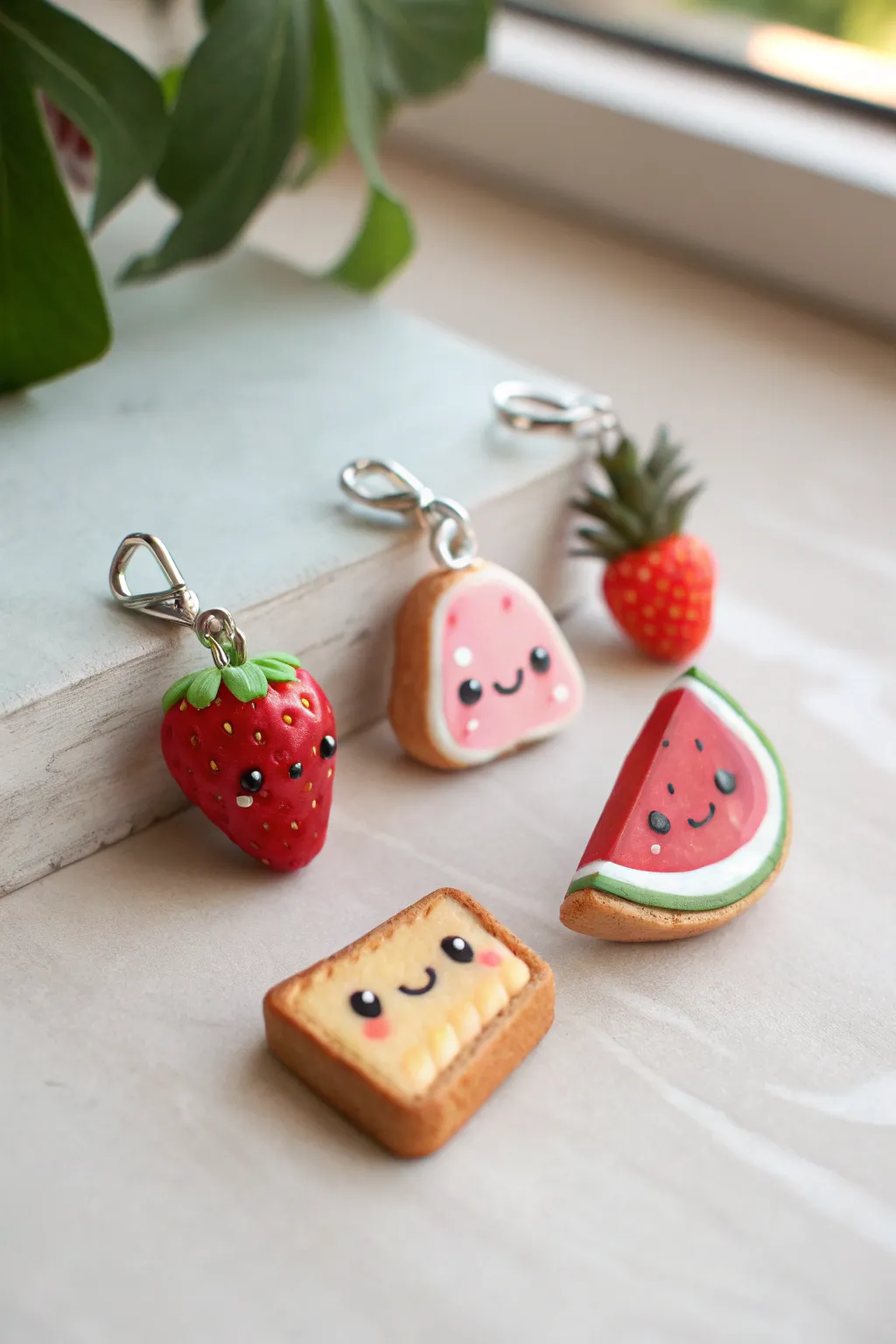Adorable polymer clay kawaii food charms with tiny faces, styled in a minimalist, airy setup