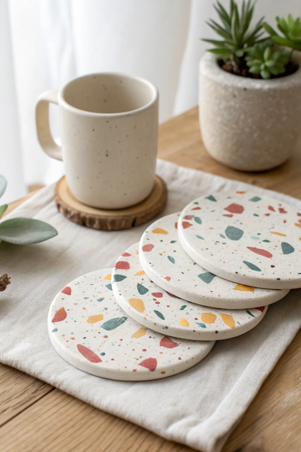 Terrazzo sprinkle polymer clay coasters in crisp white for an easy, modern handmade set.
