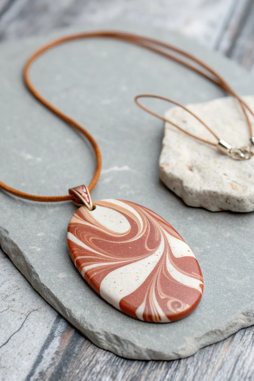 Minimalist marbled polymer clay pendant necklace in earthy tones, simple cord, boho calm.