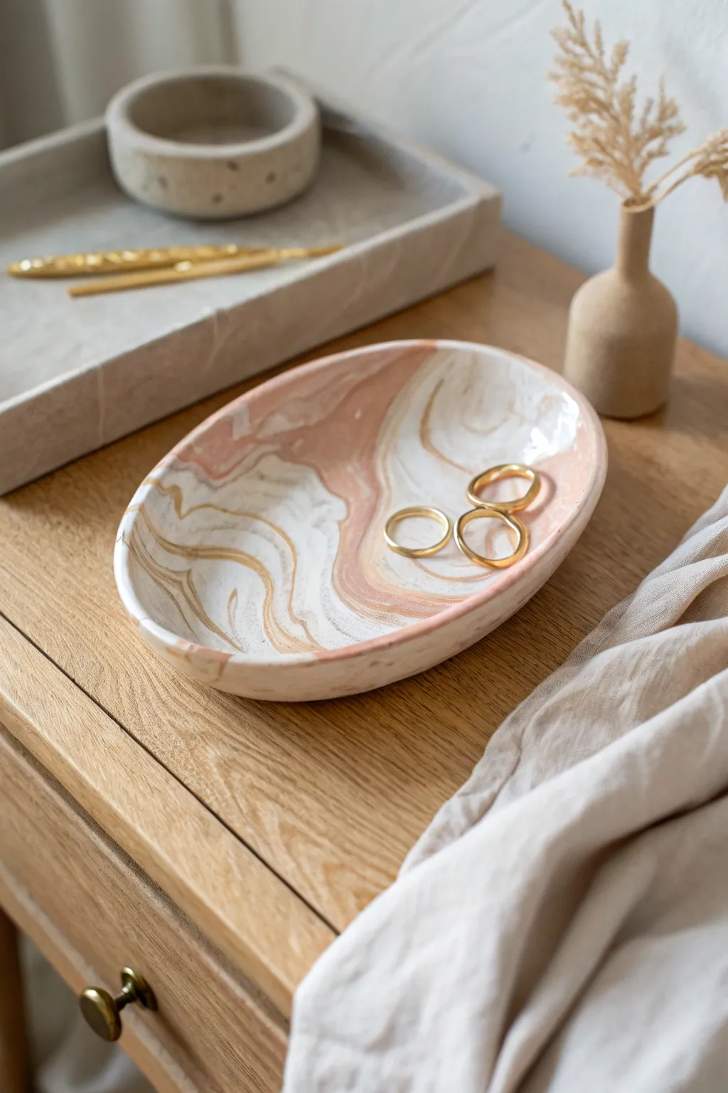 Soft marbled polymer clay dish keeps rings and pins tidy in a calm Scandinavian bedside vignette.