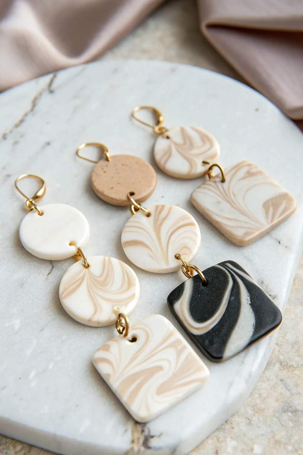 Marble-swirl polymer clay slab earrings in creamy neutrals and bold contrast, styled minimalist.