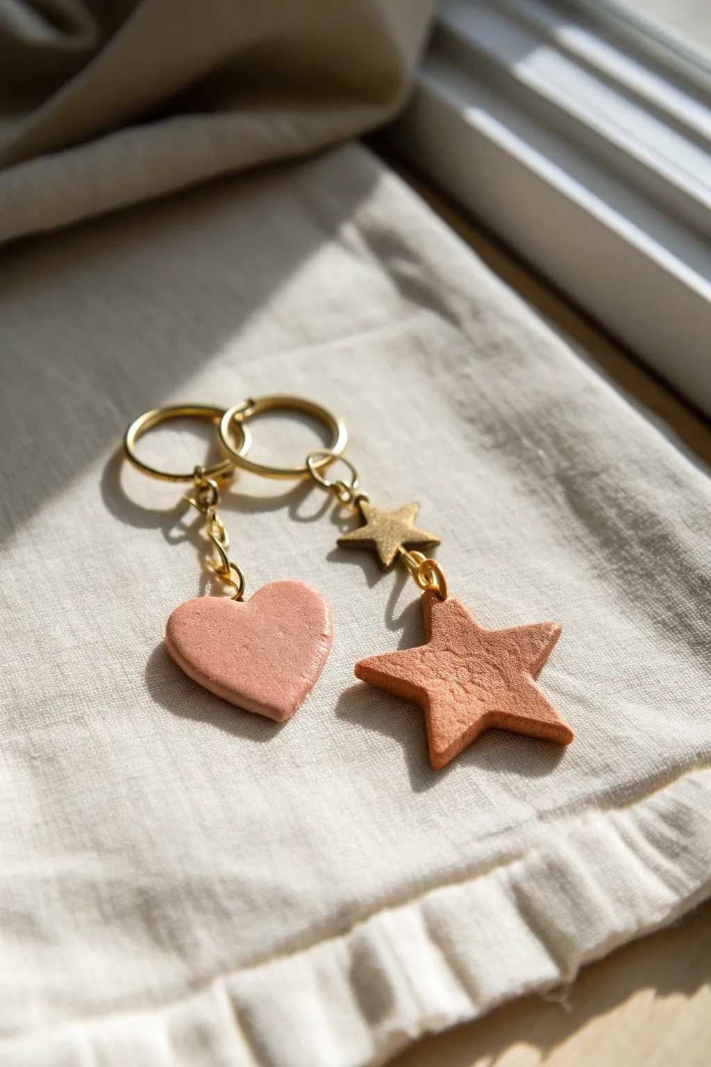 Sweet polymer clay charm keychain in soft pastels, minimal and gift-ready on neutral linen.