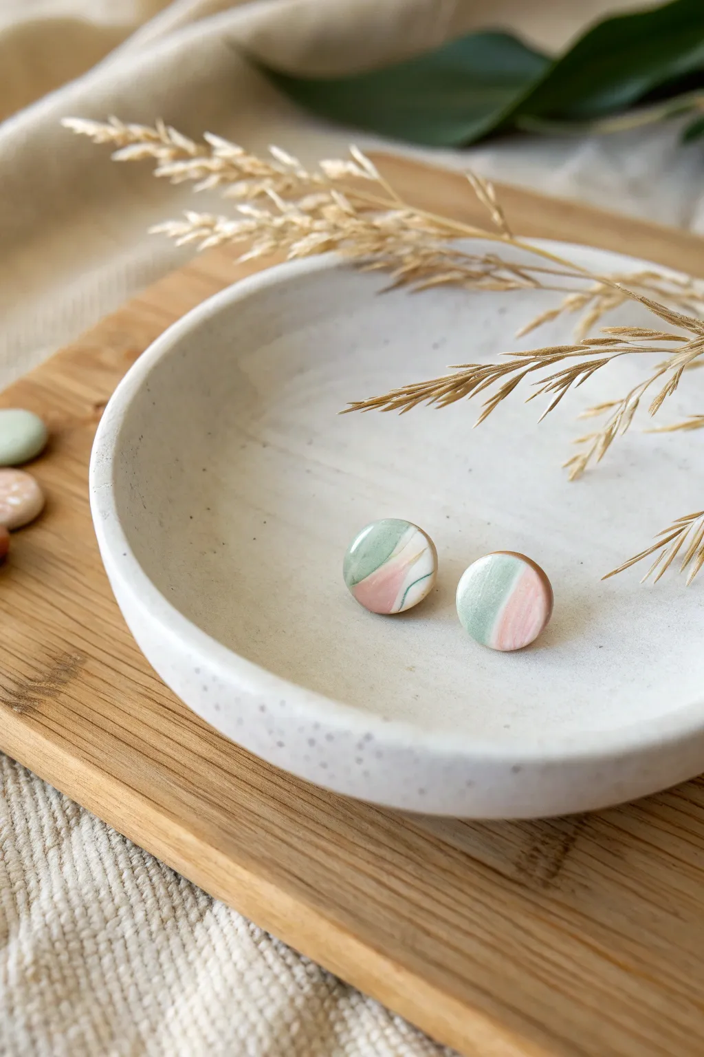 Simple round polymer clay studs in cream, blush, and sage with a silky satin matte glow.