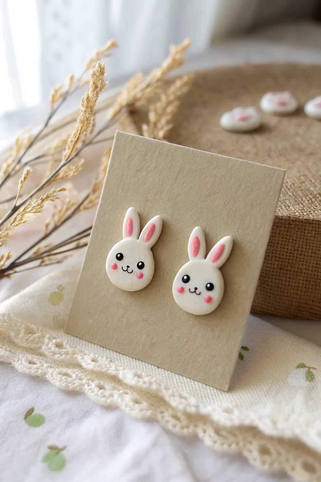 Minimalist polymer clay bunny face stud earrings with blush cheeks, perfect for Easter gifting
