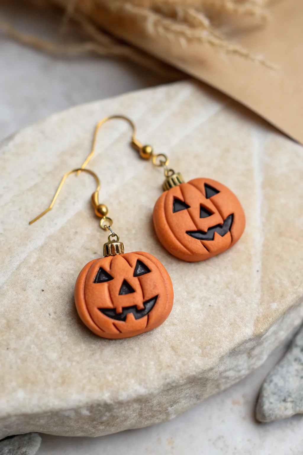 Minimal jack o lantern polymer clay earrings in cozy fall tones for an easy handmade Halloween look.