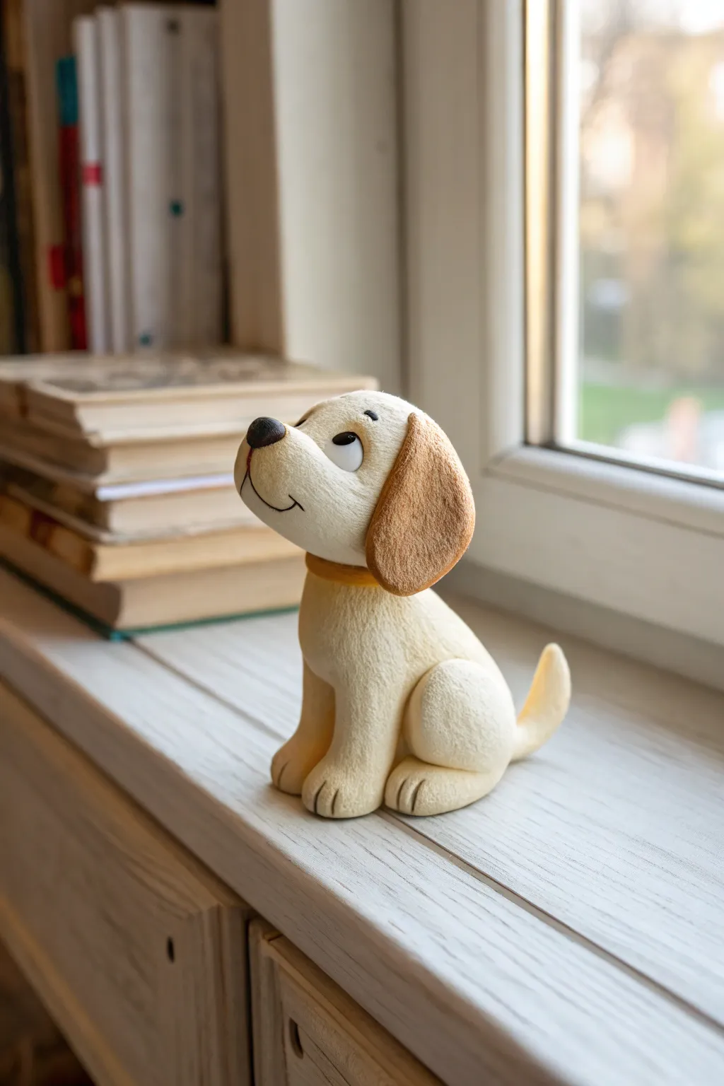 Round puppy polymer clay figurine with floppy ears, cozy warm light, minimalist boho shelf styling