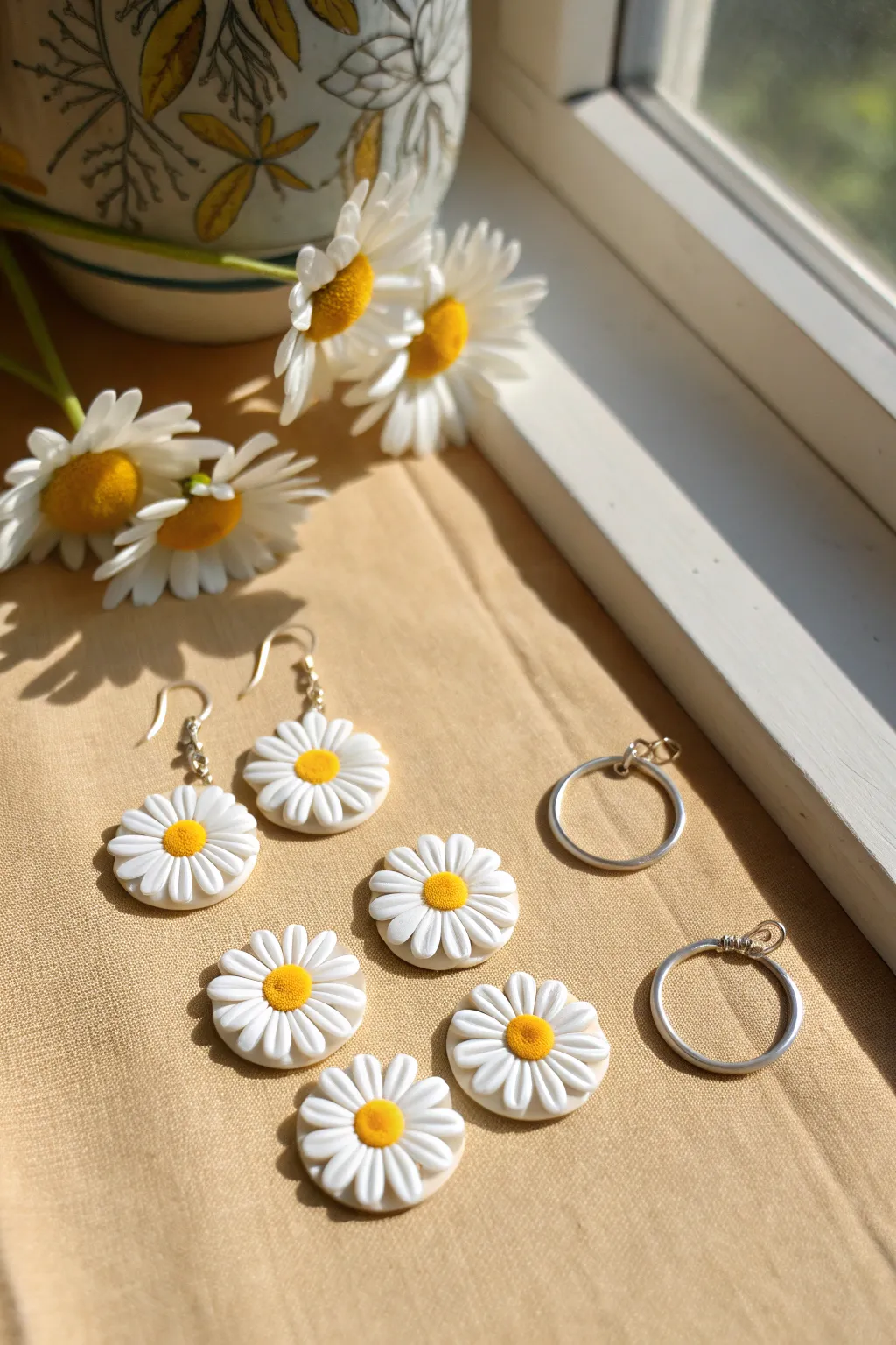 Simple polymer clay daisy discs in white and sunny yellow, styled minimal for fresh inspiration