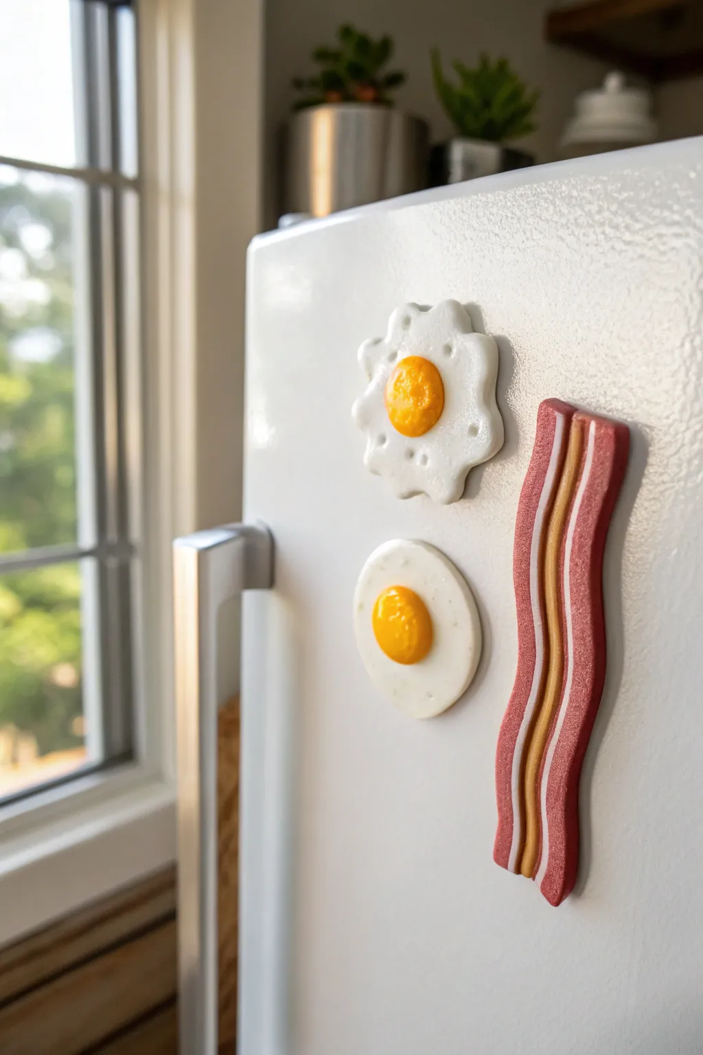 Cute sunny-side-up egg and wavy bacon polymer clay magnets for a bright, minimalist fridge moment.