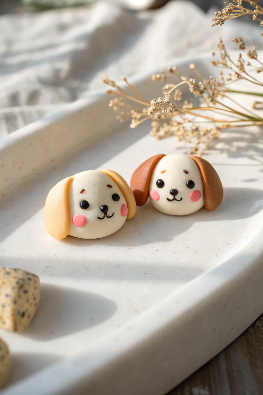 Two sweet polymer clay puppy faces with big floppy ears, minimalist and beginner friendly.