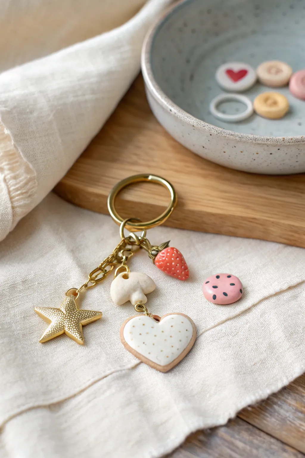 Minimal key ring with tiny polymer clay charms in soft tones, perfect for zippers and keys